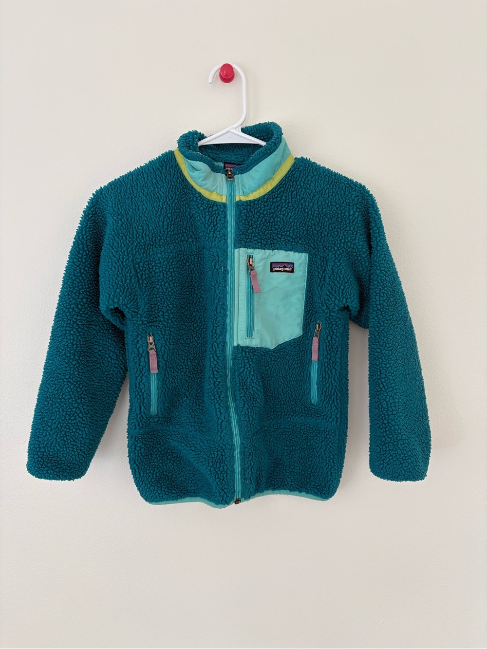 Patagonia Retro Kids Teal Sherpa Fleece Jacket with Aqua Pocket and Lime Trim